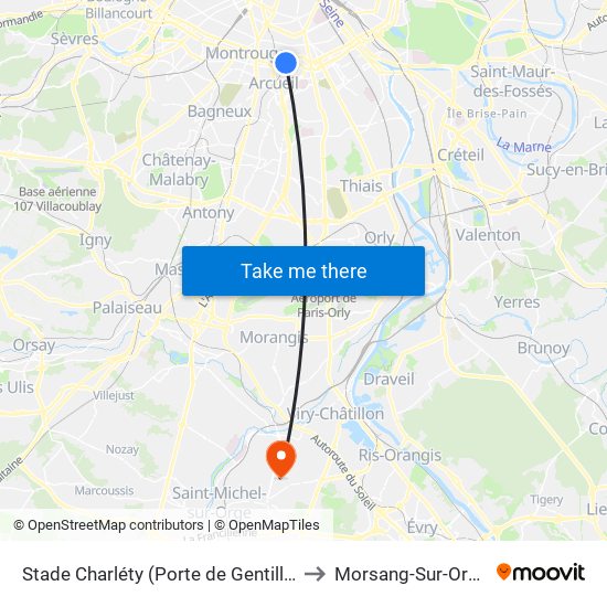 Stade Charléty (Porte de Gentilly) to Morsang-Sur-Orge map