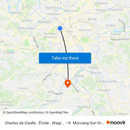 Charles de Gaulle - Étoile - Wagram to Morsang-Sur-Orge map