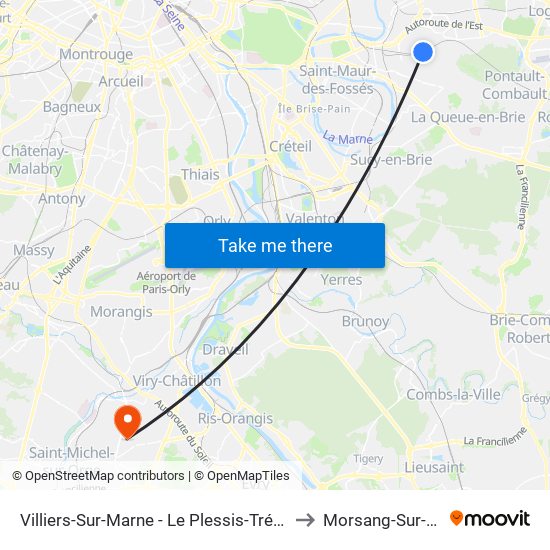 Villiers-Sur-Marne - Le Plessis-Trévise RER to Morsang-Sur-Orge map