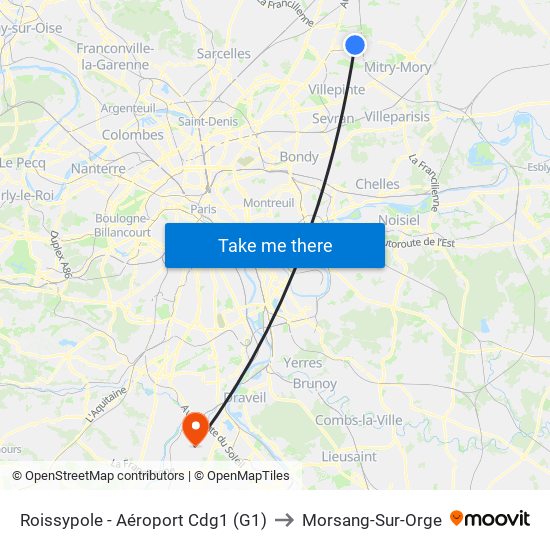 Roissypole - Aéroport Cdg1 (G1) to Morsang-Sur-Orge map