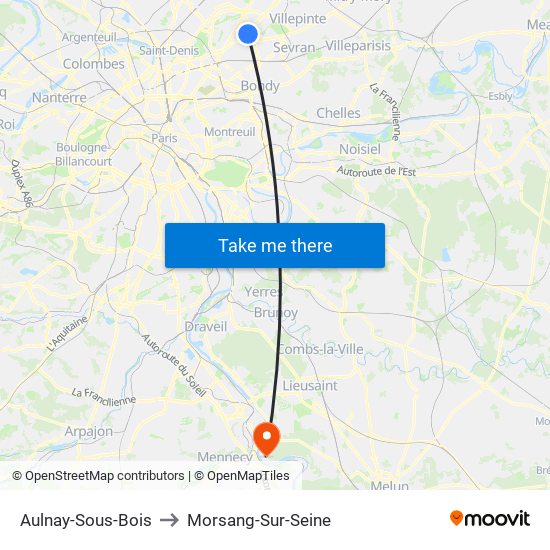 Aulnay-Sous-Bois to Morsang-Sur-Seine map