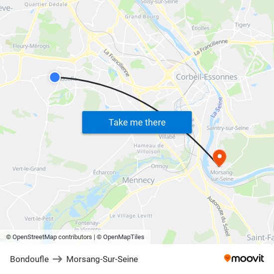 Bondoufle to Morsang-Sur-Seine map