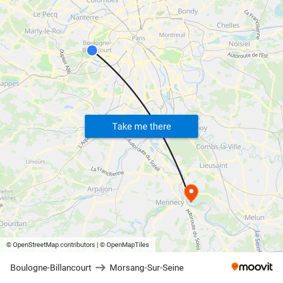 Boulogne-Billancourt to Morsang-Sur-Seine map