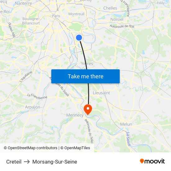 Creteil to Morsang-Sur-Seine map