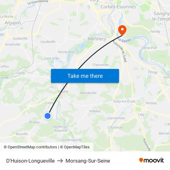 D'Huison-Longueville to Morsang-Sur-Seine map