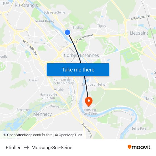 Etiolles to Morsang-Sur-Seine map