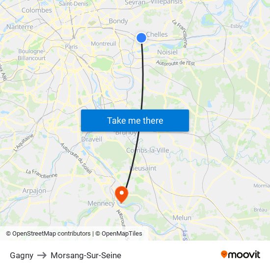 Gagny to Morsang-Sur-Seine map