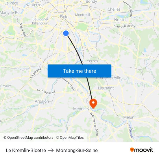 Le Kremlin-Bicetre to Morsang-Sur-Seine map