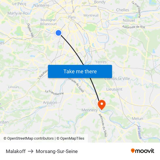 Malakoff to Morsang-Sur-Seine map