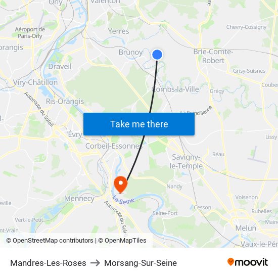 Mandres-Les-Roses to Morsang-Sur-Seine map