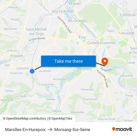 Marolles-En-Hurepoix to Morsang-Sur-Seine map