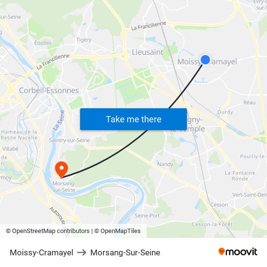 Moissy-Cramayel to Morsang-Sur-Seine map