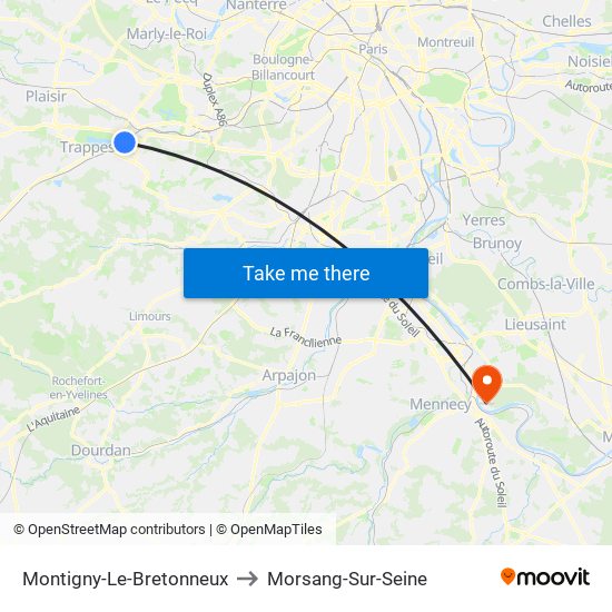 Montigny-Le-Bretonneux to Morsang-Sur-Seine map