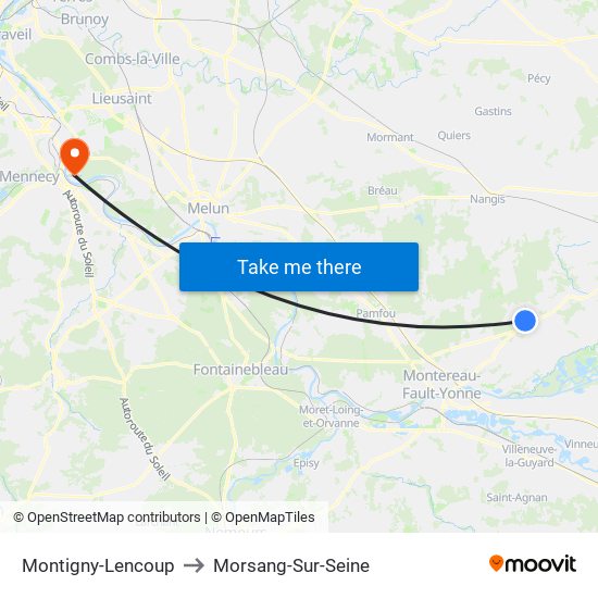 Montigny-Lencoup to Morsang-Sur-Seine map