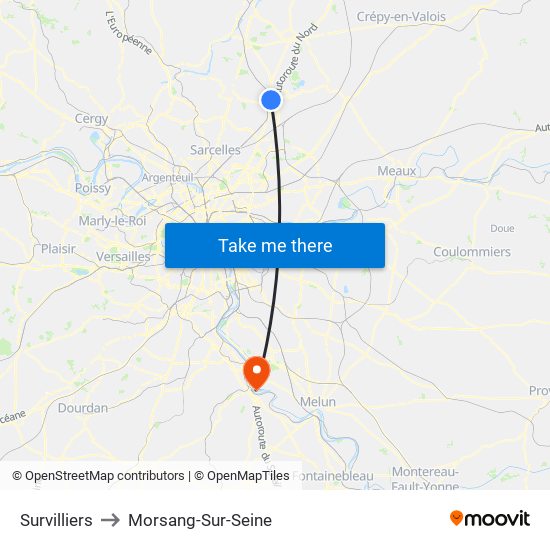 Survilliers to Morsang-Sur-Seine map