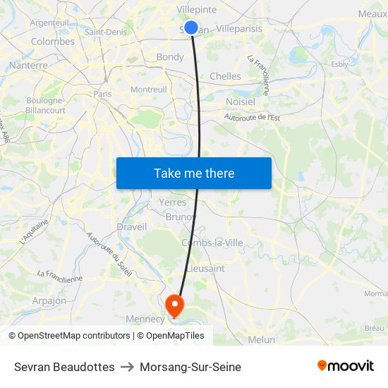 Sevran Beaudottes to Morsang-Sur-Seine map