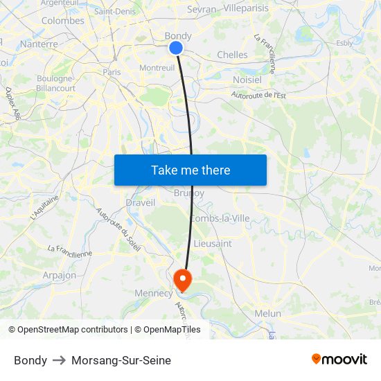 Bondy to Morsang-Sur-Seine map