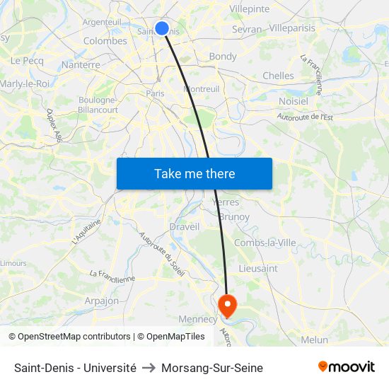 Saint-Denis - Université to Morsang-Sur-Seine map