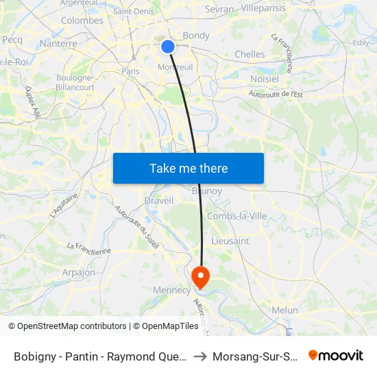 Bobigny - Pantin - Raymond Queneau to Morsang-Sur-Seine map