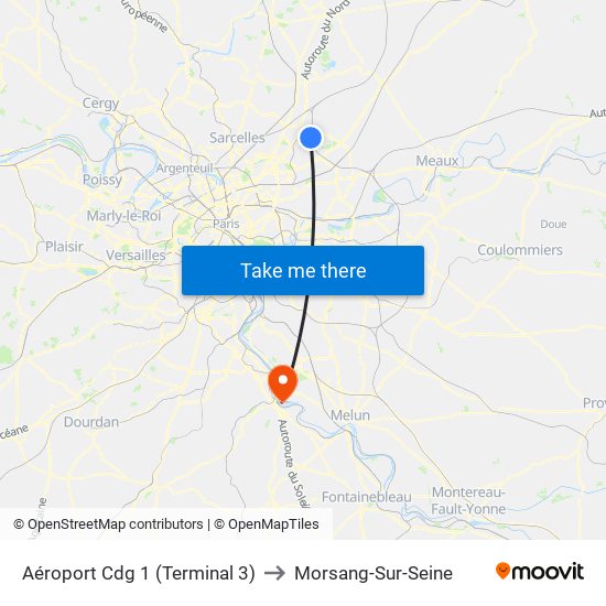 Aéroport Cdg 1 (Terminal 3) to Morsang-Sur-Seine map