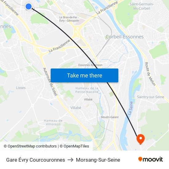 Gare Évry Courcouronnes to Morsang-Sur-Seine map