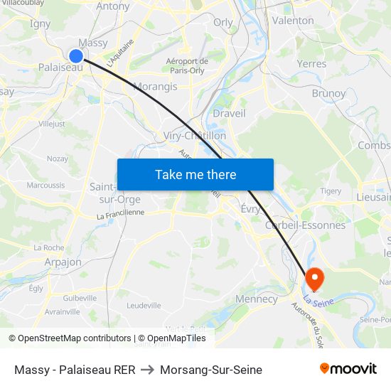 Massy - Palaiseau RER to Morsang-Sur-Seine map