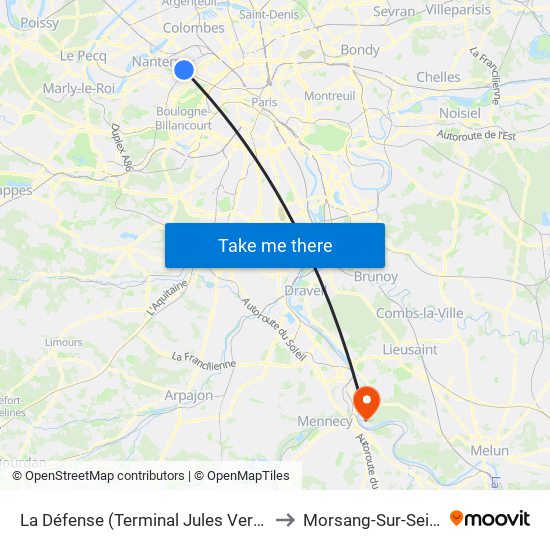 La Défense (Terminal Jules Verne) to Morsang-Sur-Seine map