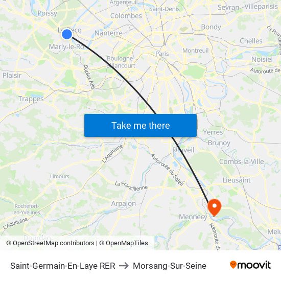 Saint-Germain-En-Laye RER to Morsang-Sur-Seine map