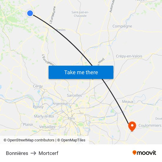 Bonnières to Mortcerf map