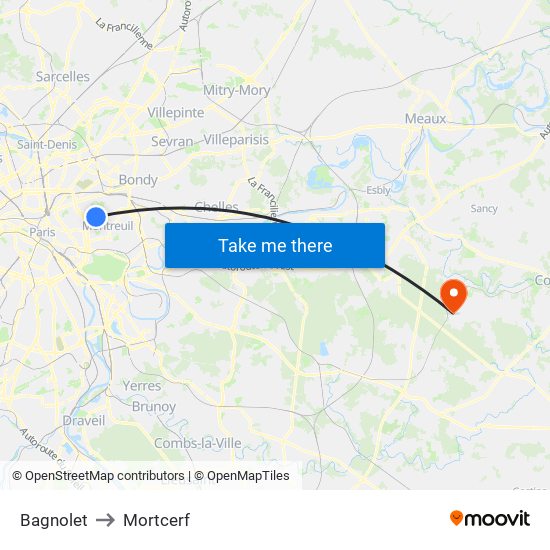 Bagnolet to Mortcerf map