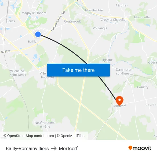 Bailly-Romainvilliers to Mortcerf map