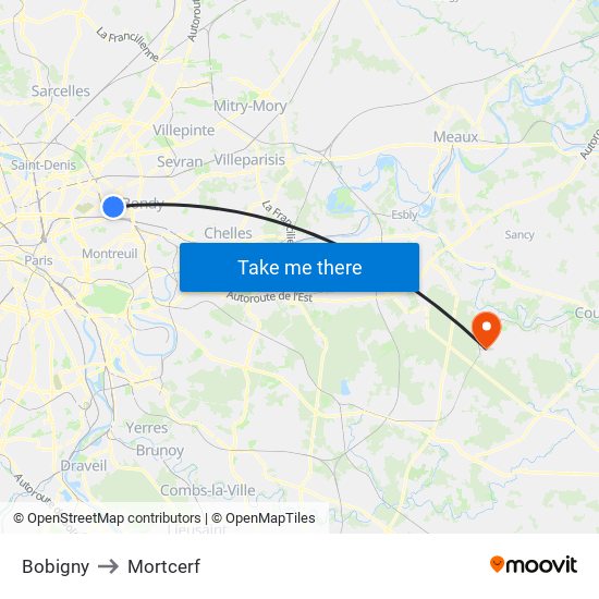 Bobigny to Mortcerf map
