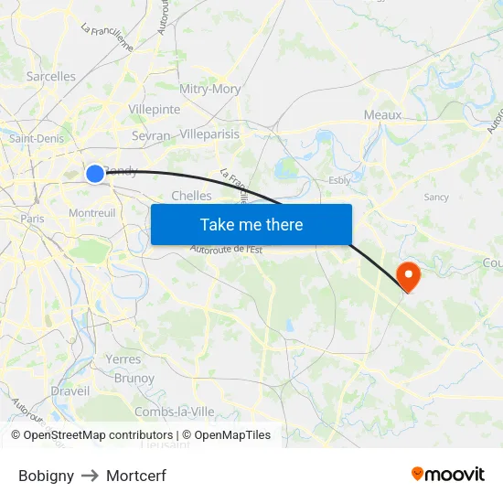 Bobigny to Mortcerf map