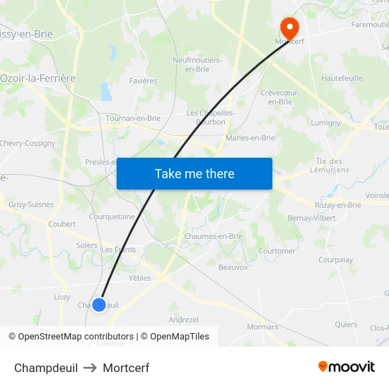 Champdeuil to Mortcerf map