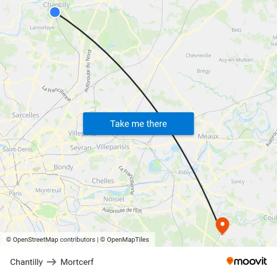 Chantilly to Mortcerf map