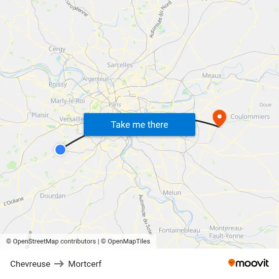 Chevreuse to Mortcerf map