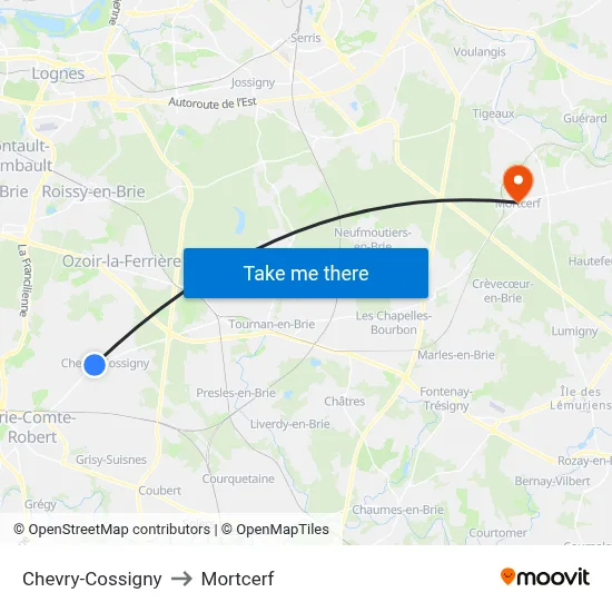 Chevry-Cossigny to Mortcerf map