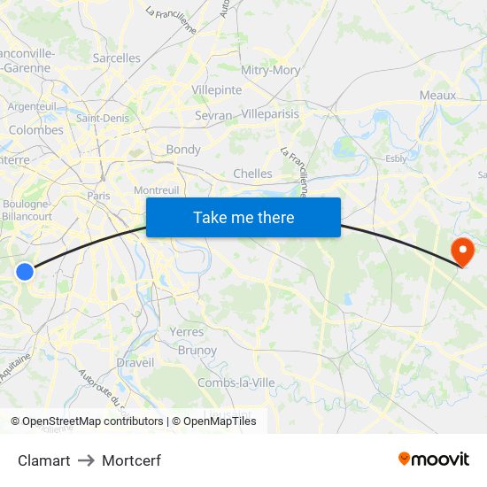 Clamart to Mortcerf map