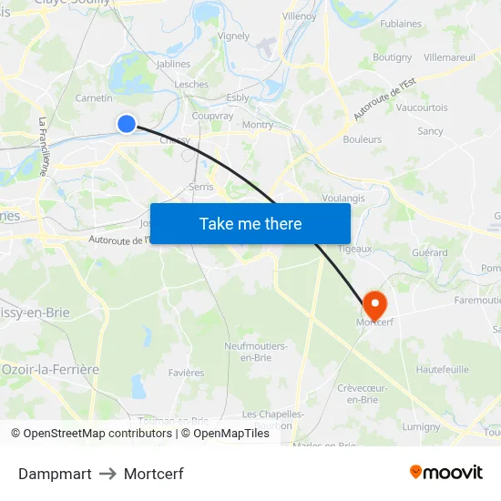 Dampmart to Mortcerf map