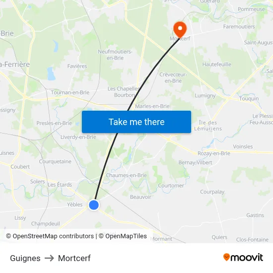 Guignes to Mortcerf map