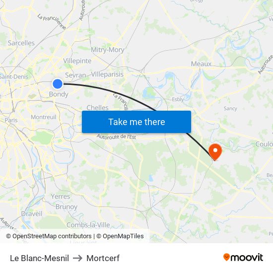 Le Blanc-Mesnil to Mortcerf map