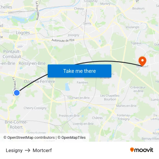 Lesigny to Mortcerf map