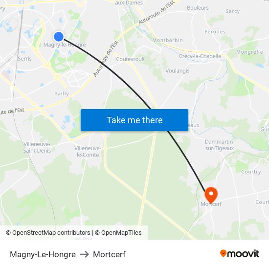 Magny-Le-Hongre to Mortcerf map