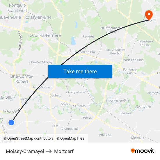 Moissy-Cramayel to Mortcerf map