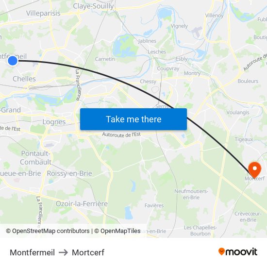 Montfermeil to Mortcerf map