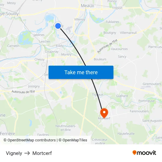 Vignely to Mortcerf map