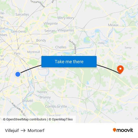 Villejuif to Mortcerf map