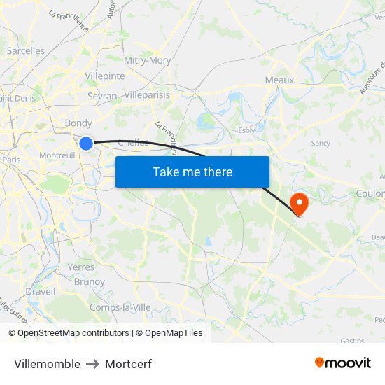 Villemomble to Mortcerf map