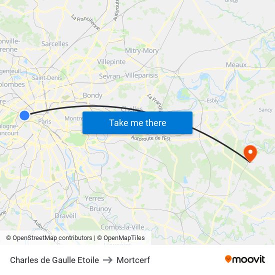Charles de Gaulle Etoile to Mortcerf map