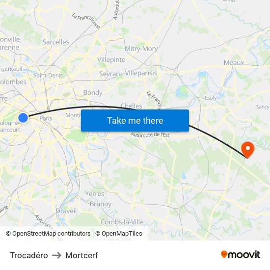 Trocadéro to Mortcerf map